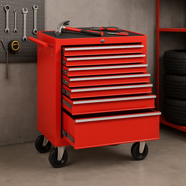 Carrello Portautensili 7 Cassetti Mobiletto con 4 Ruote Maniglia per Garage Officina Rosso