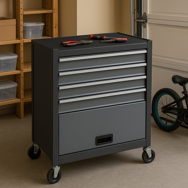 Carrello Portautensili in Acciaio con 4 Cassetti e Vano Porta Attrezzi per Officina Grigio