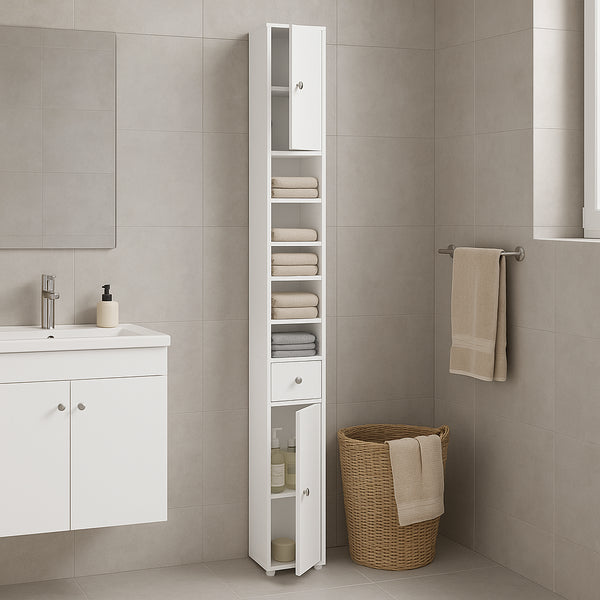 Colonna da Bagno Bianca 20x20 H180 cm Mobile Alto con 2 Ante Cassetto e Ripiani