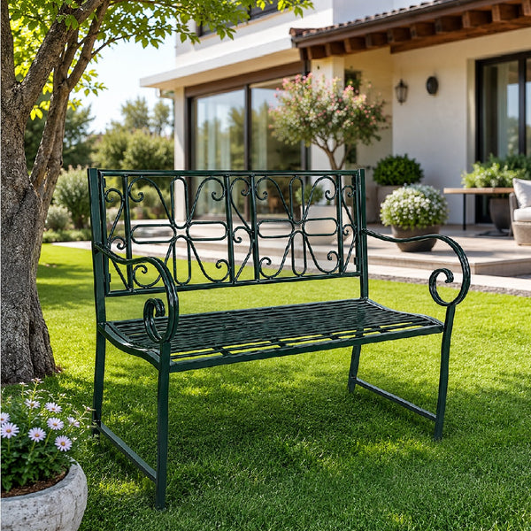 Panchina da Giardino 2/3 Posti in Metallo Verniciato Verde con Schienale Decorato