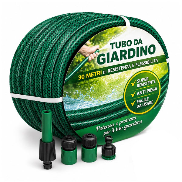 Tubo da Giardino Irrigazione 30MT Diametro 14mm Antipiega in Pvc con 4 Accessori