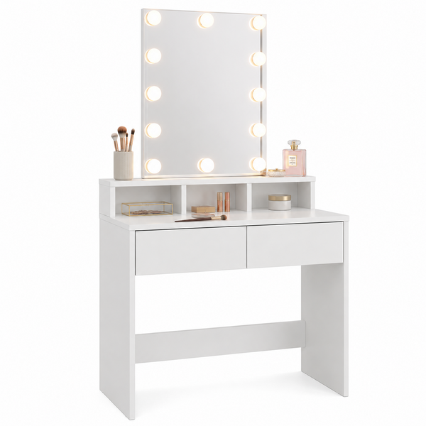 Consolle Trucco con Specchio Led 80x40 cm 2 Cassetti Luce Regolabile usb Bianca