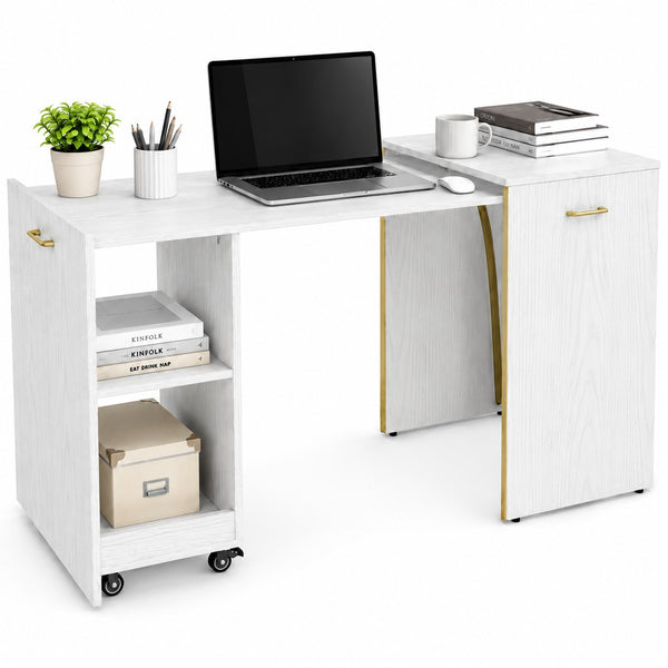 Space-Saving Folding Desk Cabinet with Retractable Table and Wheels, White Ash Finish