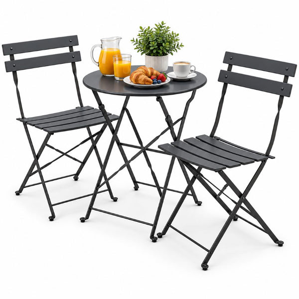 3-Piece Garden Set, Table and 2 Folding Chairs, Bistrot Space-Saving Model, Anthracite