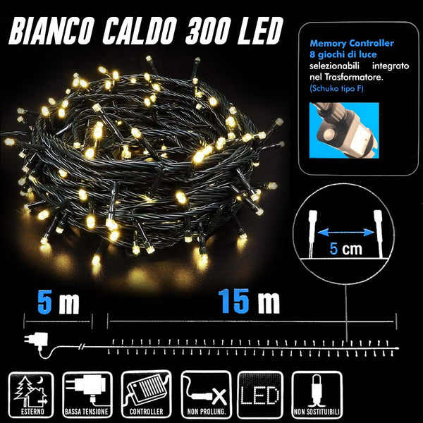 Catena Luminosa 300 LED Mini Lucciole Bianco Caldo 8Funzioni Interno Esterno