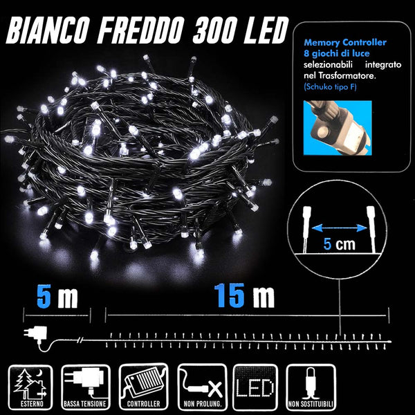Catena Luminosa 300 LED Mini Lucciole Bianco Freddo 8Funzioni Interno Esterno